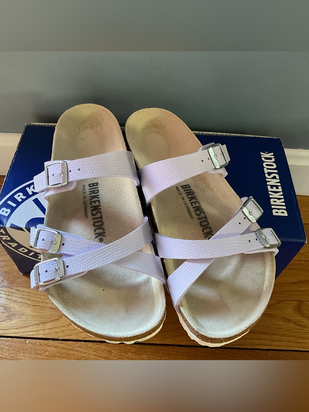Birkenstock Franca Shiny Lizard Purple Fog Sandals - Picture 1 of 5